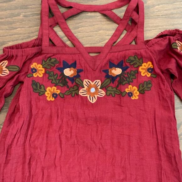 THML Violetta Cold Shoulder Embroidered Long Sleeve Dress Burgundy Size Medium - Picture 9 of 12